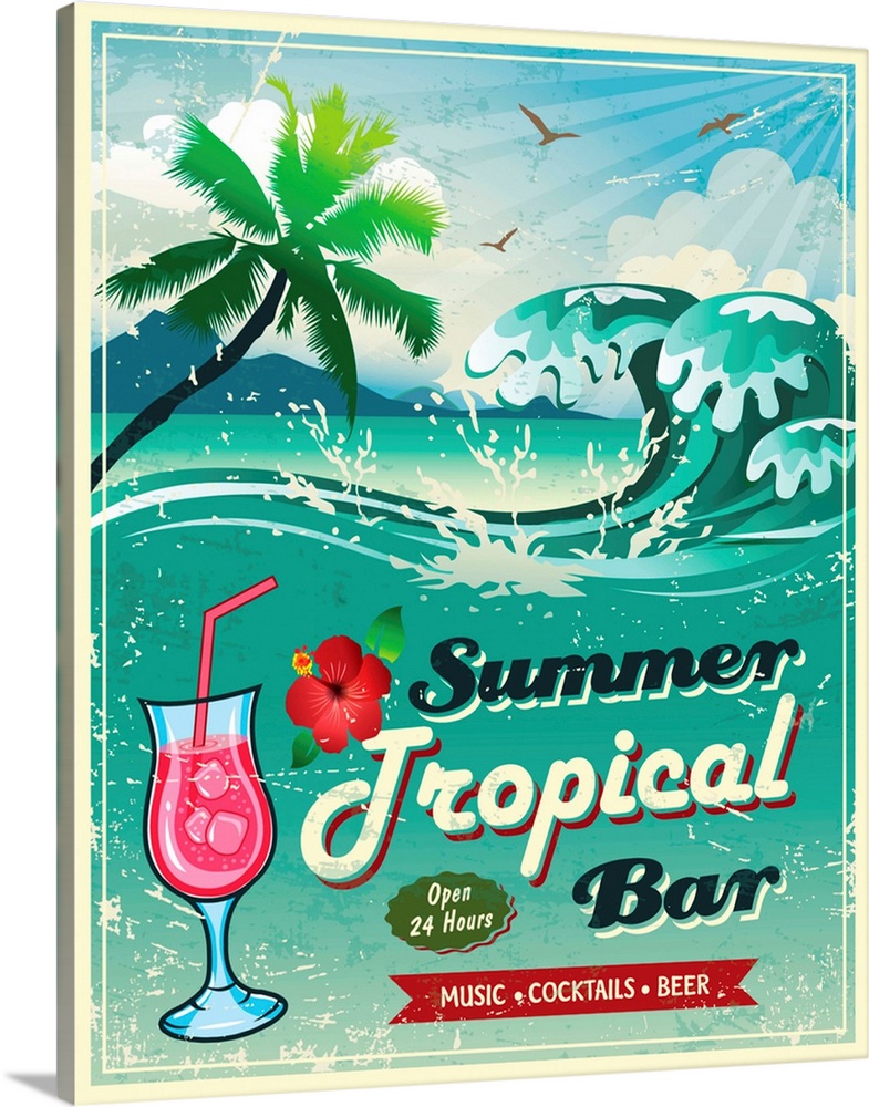 illustration of vintage seaside tropical bar sign