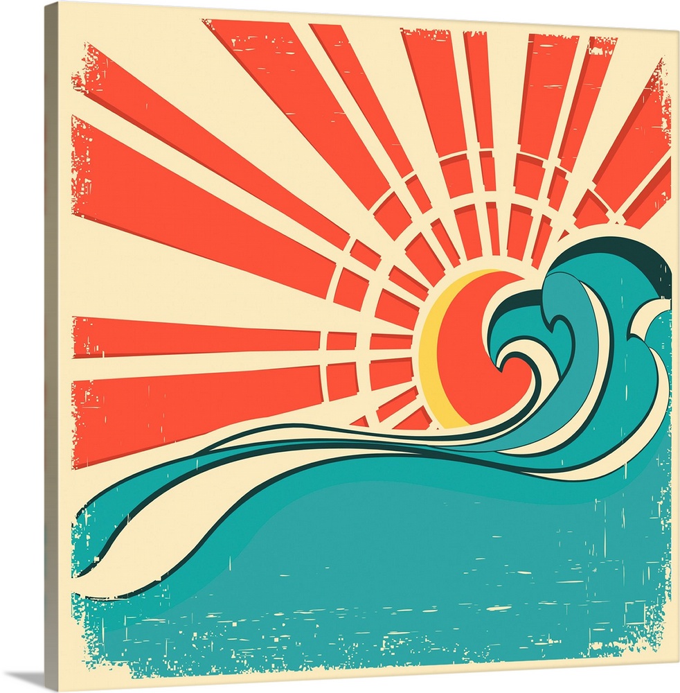 Sea Waves.vintage Illustration Of Nature Poster With Sun On Old Paper