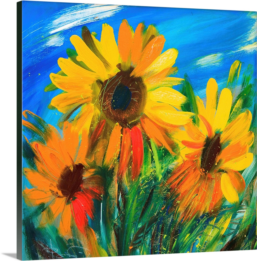 The sunflowers drawn by oil on canvas