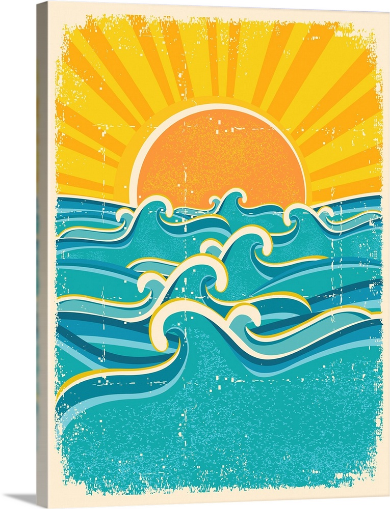 Sea Waves And Yellow Sun On Old Paper Texture.vintage Illustration