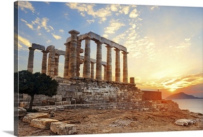 Sunset At Temple Of Poseidon Near Athens, Greece