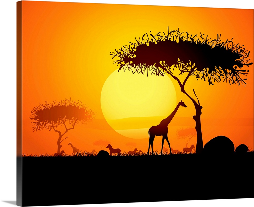 Tranquil sunset scene in africa.  Silhouette animals and trees in africa sunset background.