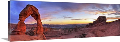 Sunset Panoramic View Of Famous Delicate Arch In Arches National Park In Moab, Utah