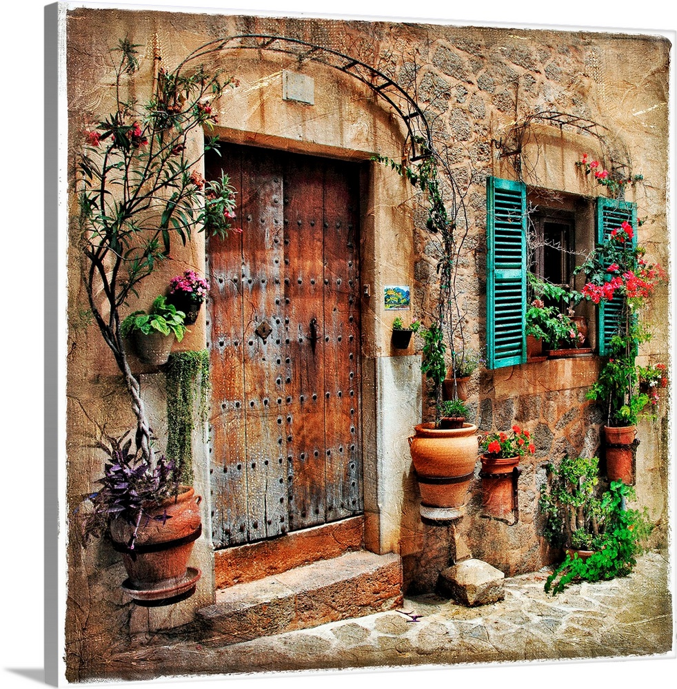 GoHeBe Italy Ancient Greece Street Landscape Buildings 7x5ft European Small Town Narrow Street Backdrop Blue Painted Wood Door White Concrete Wall Weathered Stone Mykonos Streetview