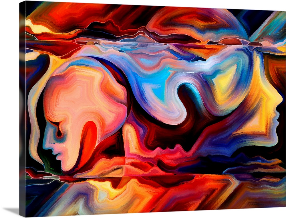Colorful abstract painting using organic shapes to create human faces in profile.