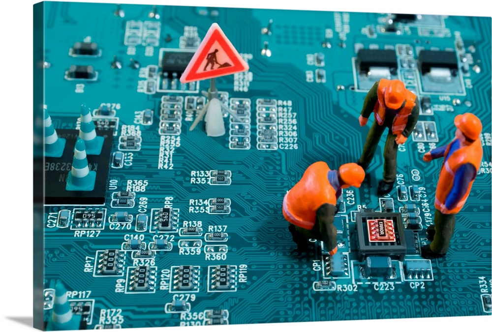 Miniature Engineers Fixing Error On Chip Of Motherboard