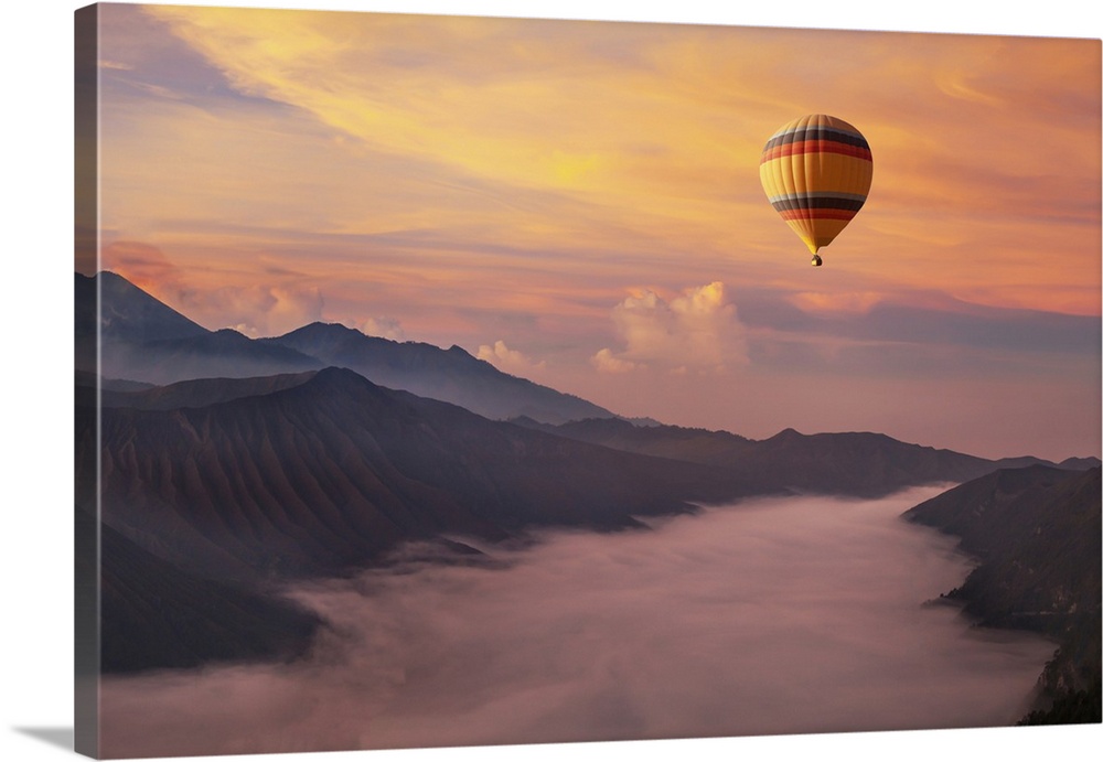 Travel on hot air balloon, beautiful inspirational landscape with sunrise colorful sky.