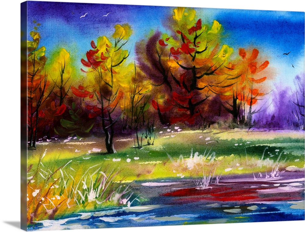 Autumn landscape wood on the bank of lake