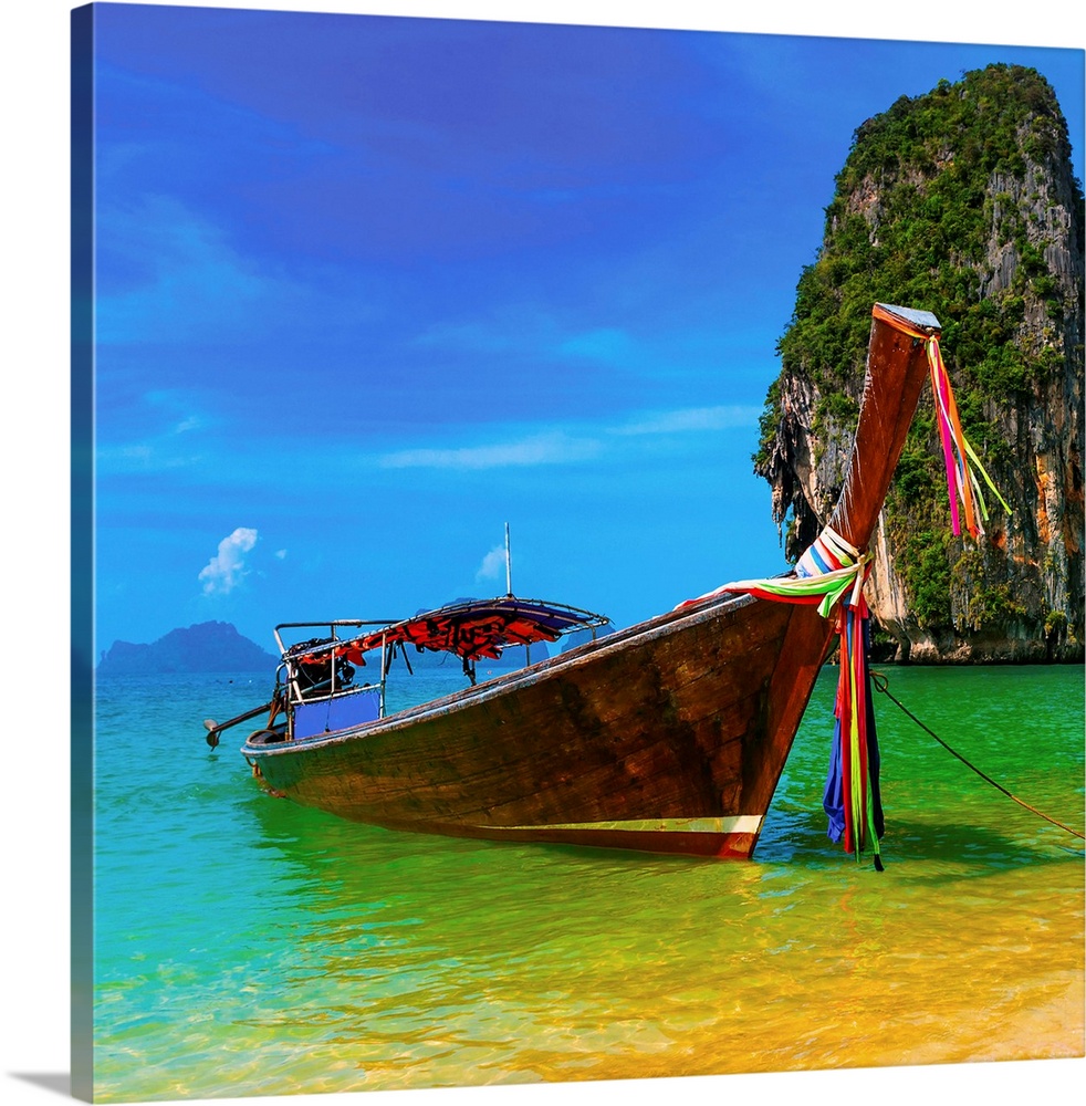 Summer beach tropical landscape. Thailand island scenic background, azure water, traditional long ta