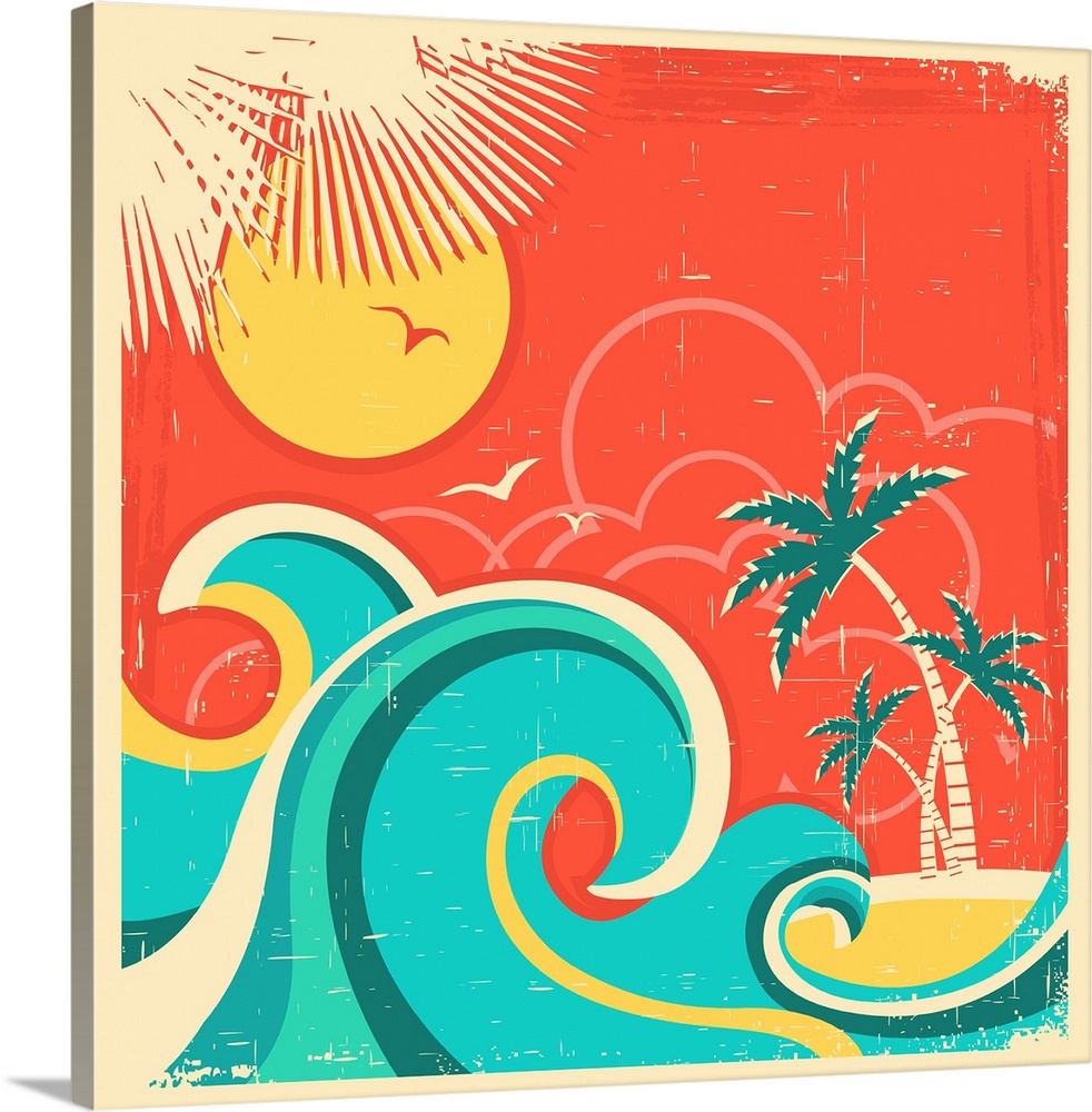 Vintage Tropical Poster With Island And Palms.vector Sea Background On Old Paper