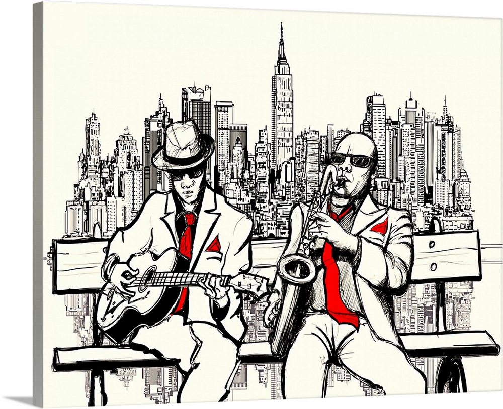 Vector illustration of two jazz men playing in New York - saxophone and guitar