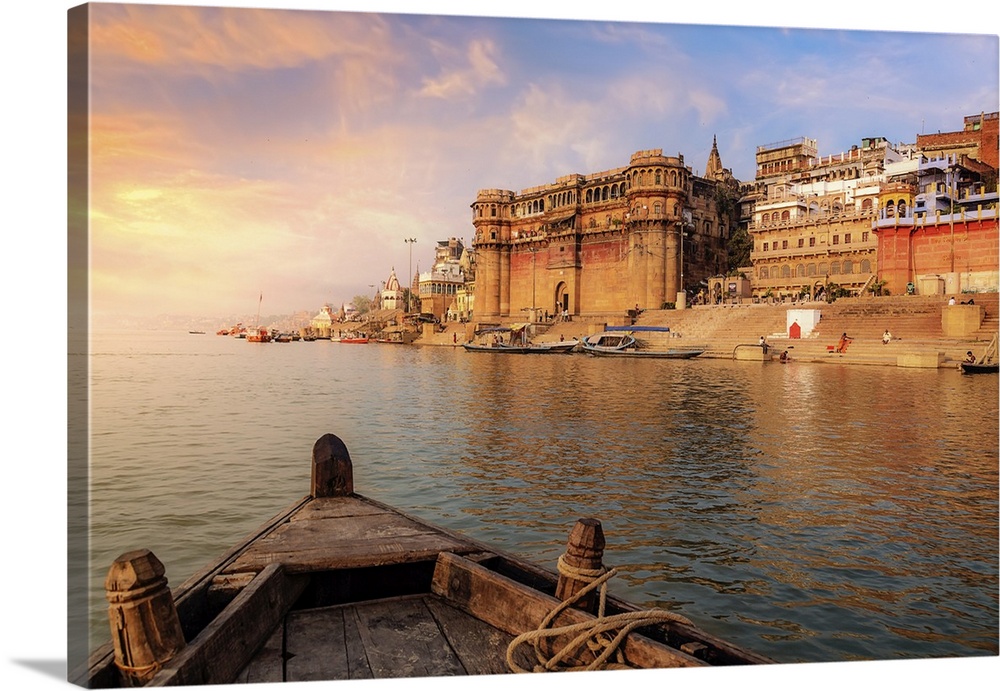 Varanasi Architecture At Sunset As Viewed From A Boat On The River Ganges