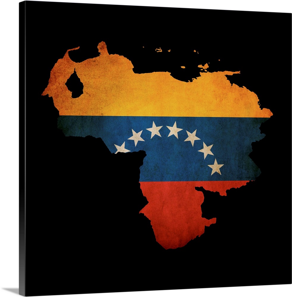 Outline Map Of Venezuela With Grunge Flag Insert Isolated On Black