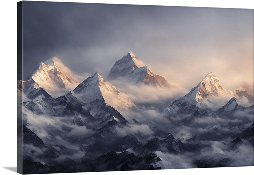 View of the Himalayas on a foggy night - Mt. Everest visible through the fog with dramatic and beautiful lighting.