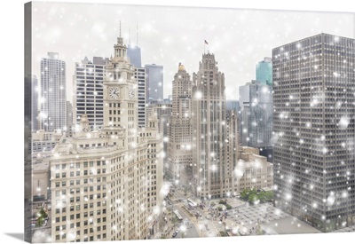 View On The Chicago Downtown And Skyscrapers In The Winter Snowfall, Illinois