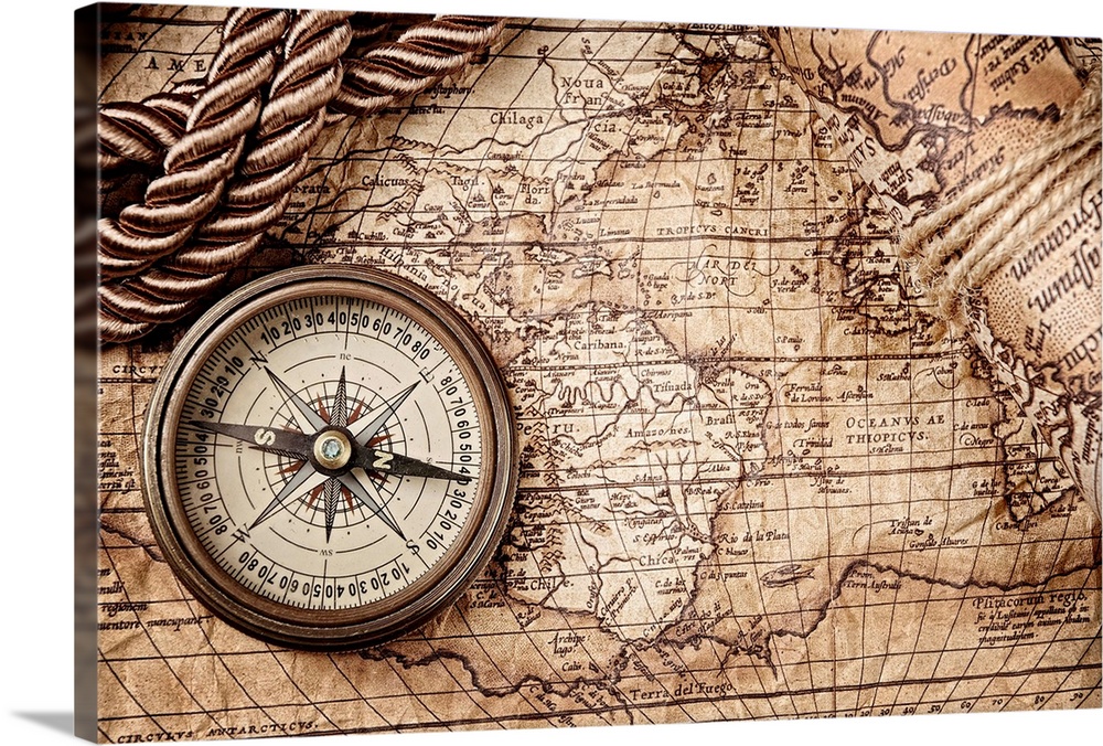 Vintage Map With Compass Wall Art Canvas Prints Framed Ls Great Big - Compass Wall Art Australia