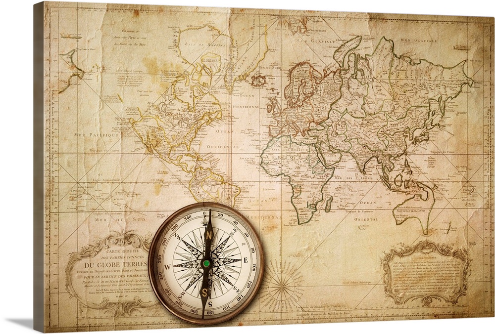 world map atlas globe earth compass canvas print 36" 
