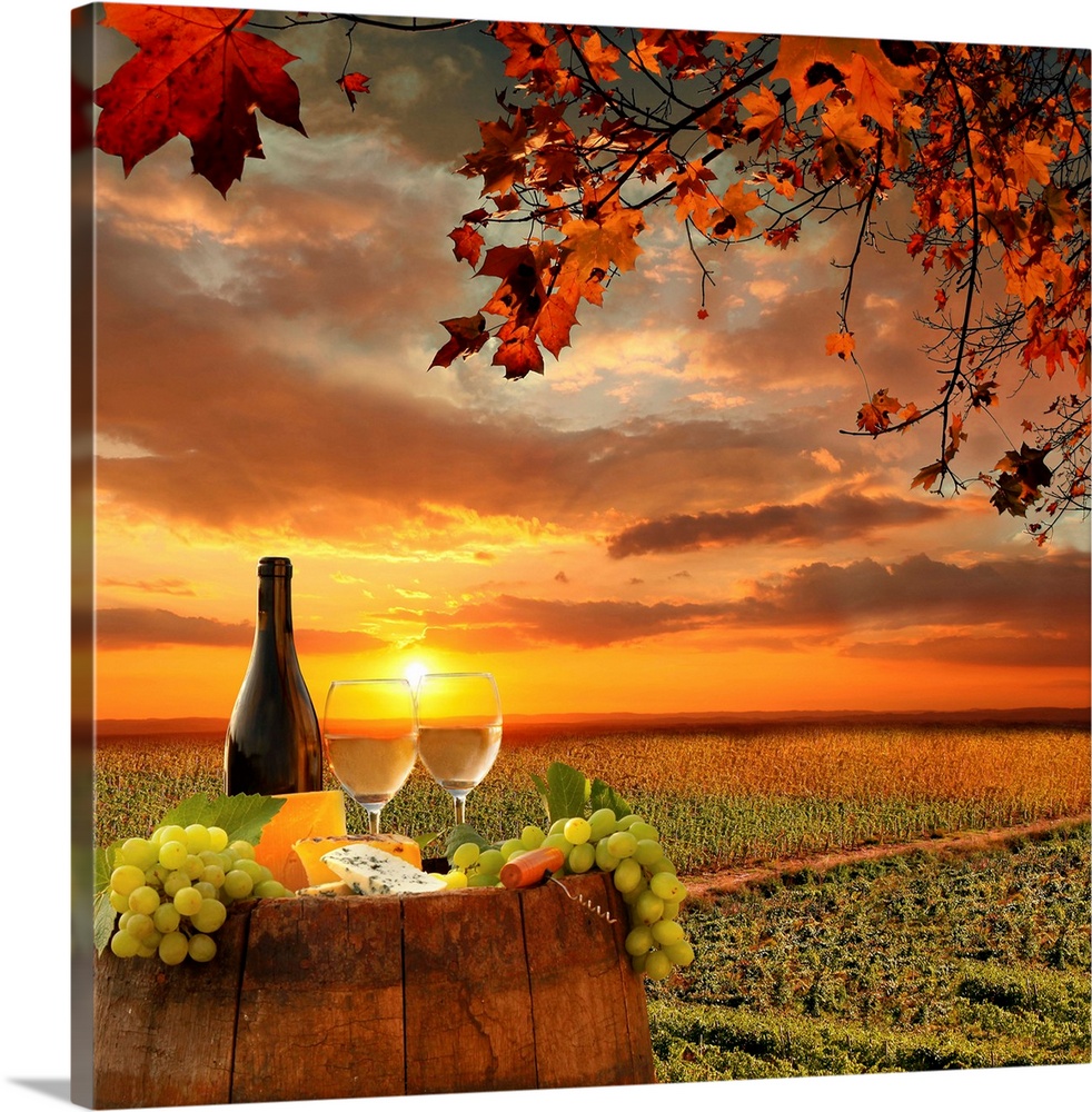 White Wine with Cask on Vineyard at Sunset in Chianti Tuscany Italy Small Size Apple Green Lunarable Winery Cutting Board Decorative Tempered Glass Cutting and Serving Board