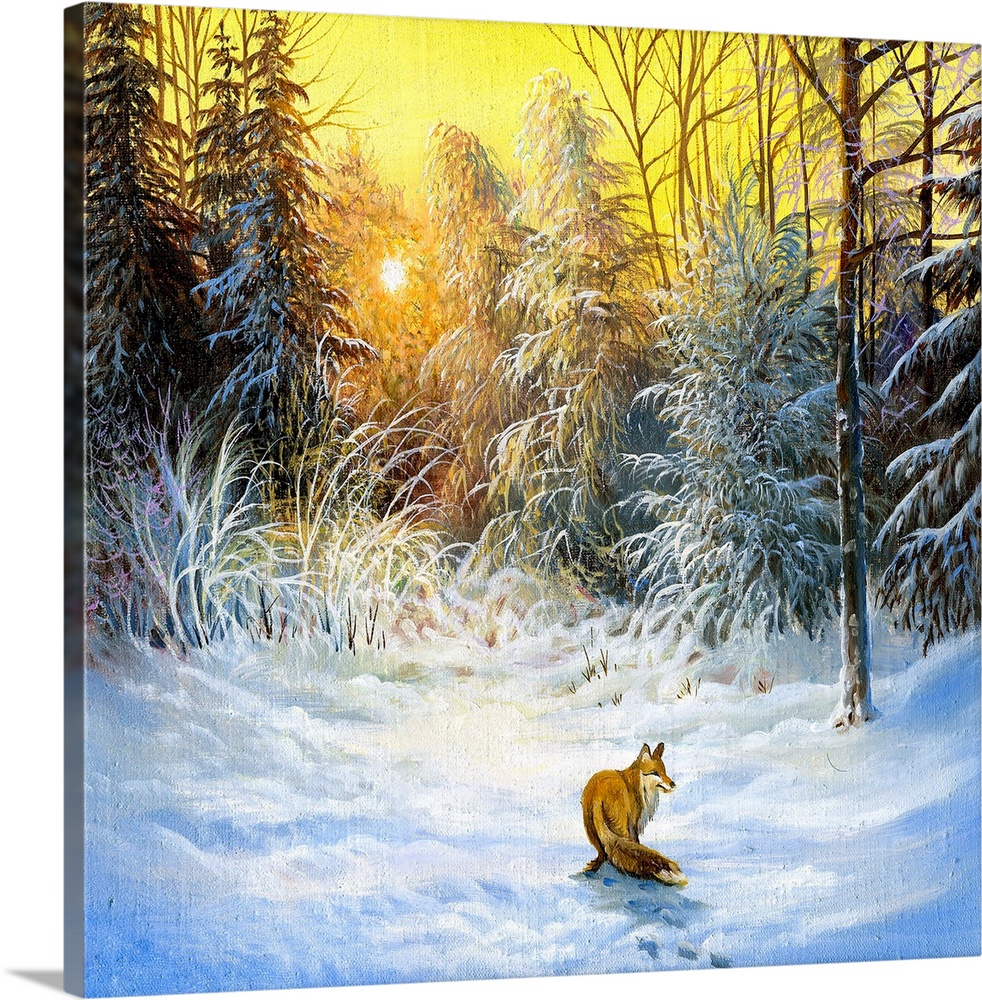 Winter landscape with a fox on a decline