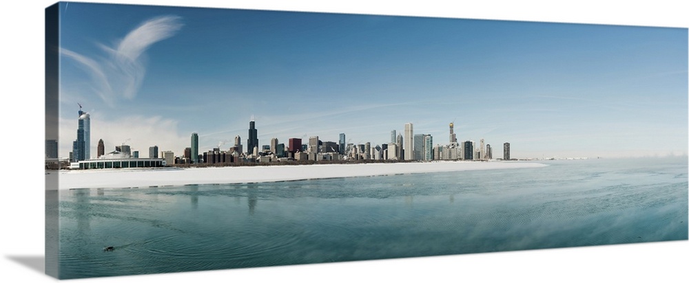 Winter Scenery With Frozen Lake And Chicago Downtown Skyline Panorama