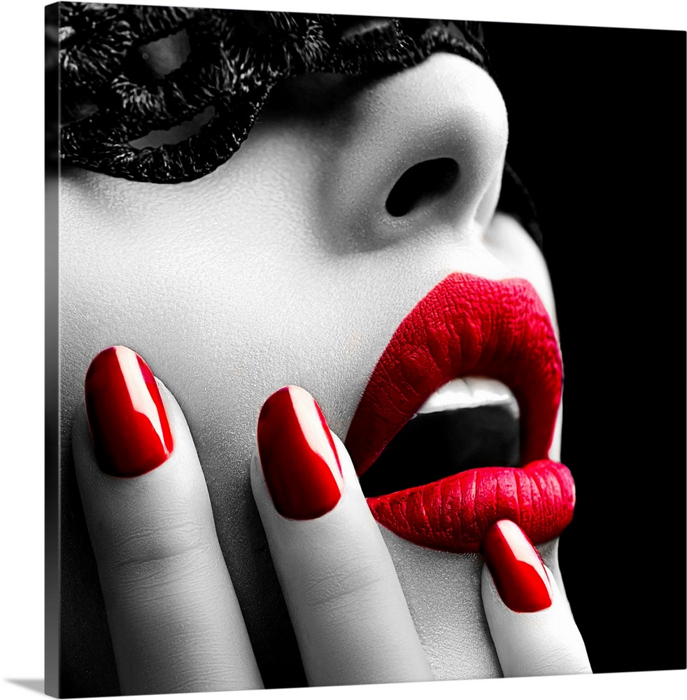 Beautiful Woman with Black Lace mask over her Eyes. Red Sexy Lips and Nails closeup. Open Mouth. Man