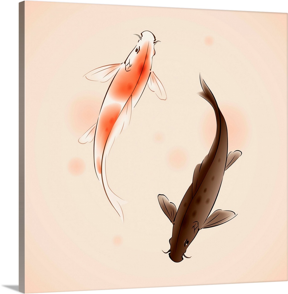 Yin Yang Koi fishes in oriental style painting.  vectorized brush painting, symbolize luck, fortune,