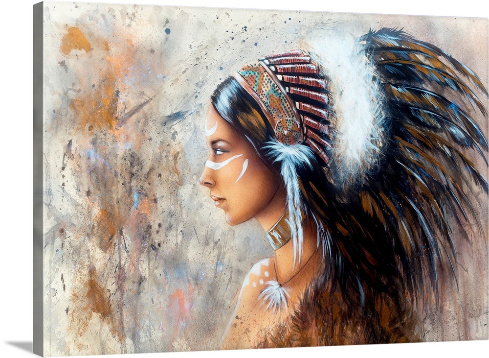 Airbrush Painting Of A Young Native America Woman Wearing A Big Feather Headdress.