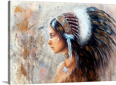 Young Native America Woman Wearing A Big Feather Headdress