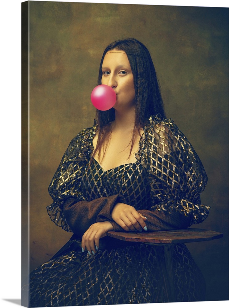 Young Woman As Mona Lisa Blowing A Bubble