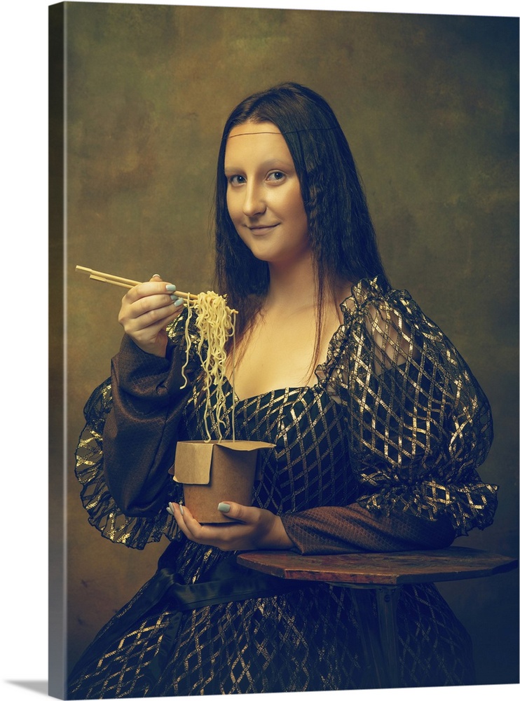 Young Woman As Mona Lisa Eating Instant Noodles