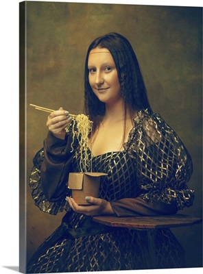 Young Woman As Mona Lisa Eating Instant Noodles