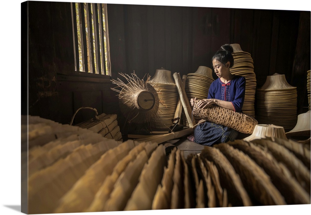 Young Women Are Weaving In Field Handmade Basket Of Thailand