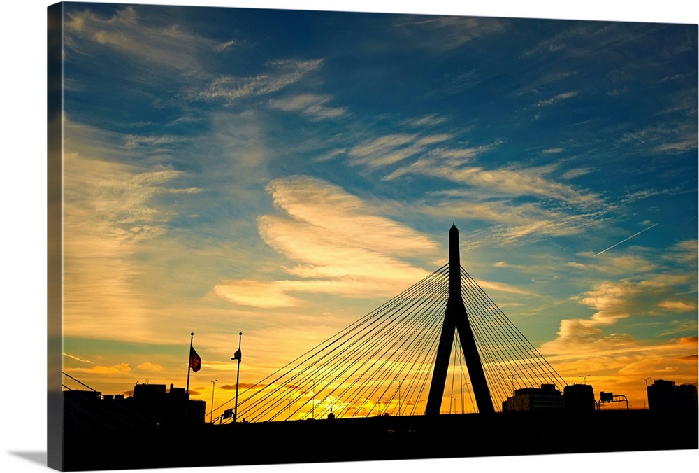 Zakim Bunker Hill Memorial Bridge at sunset in Boston, Massachusetts.