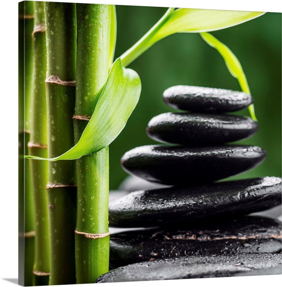 zen basalt stones and bamboo (focus on the bamboo leaf).
