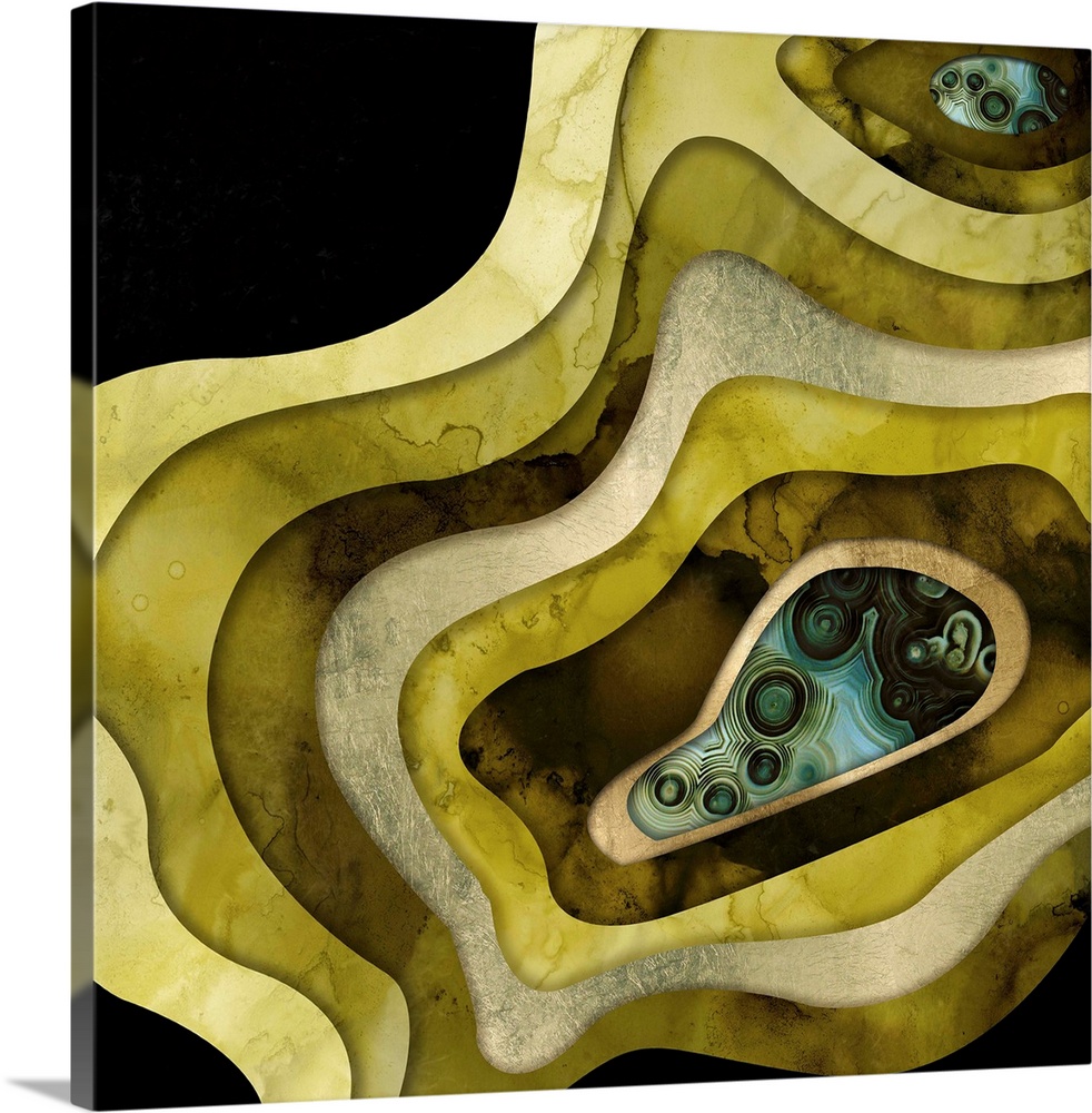 Abstract depiction of agate with green, teal, gold and black.
