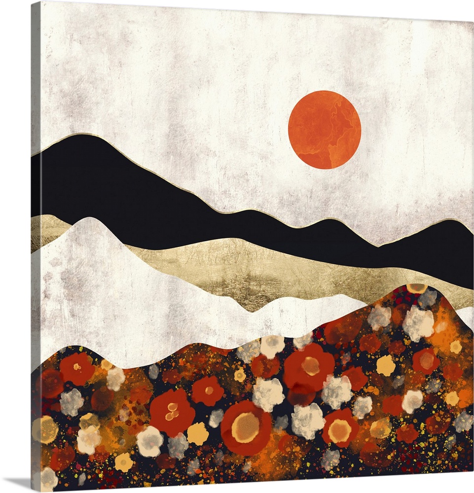 Abstract contemporary autumn landscape featureing flowers, fields, mountains, orange, ivory, gold and black.