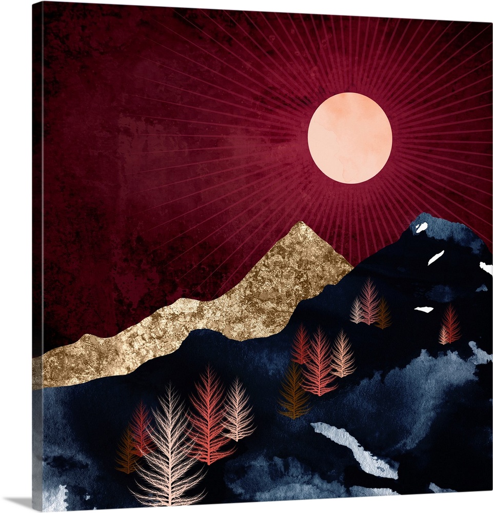 Abstract autumn night landscape with mountains, trees, gold, blue and crimson.