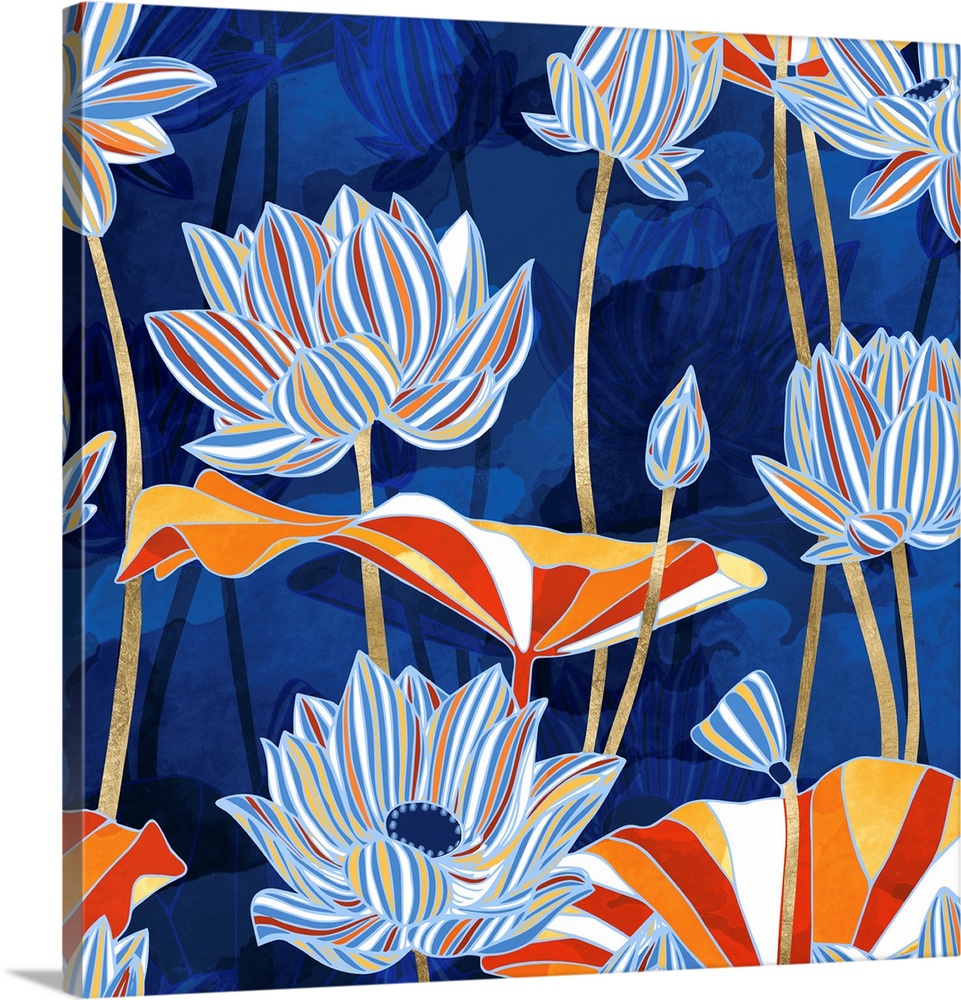 Abstract floral design with blue, cobalt, red, orange, white and gold.