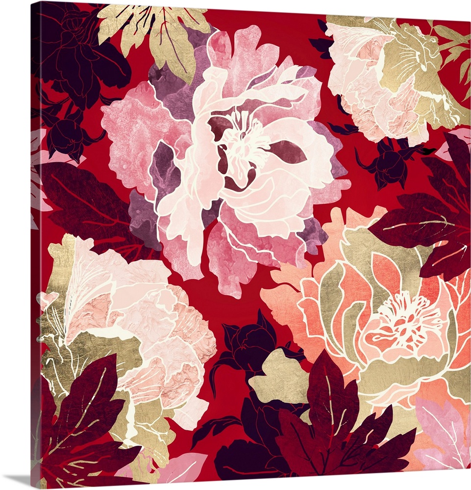 Abstract floral design with crimson, red, pink, gold and leaves.