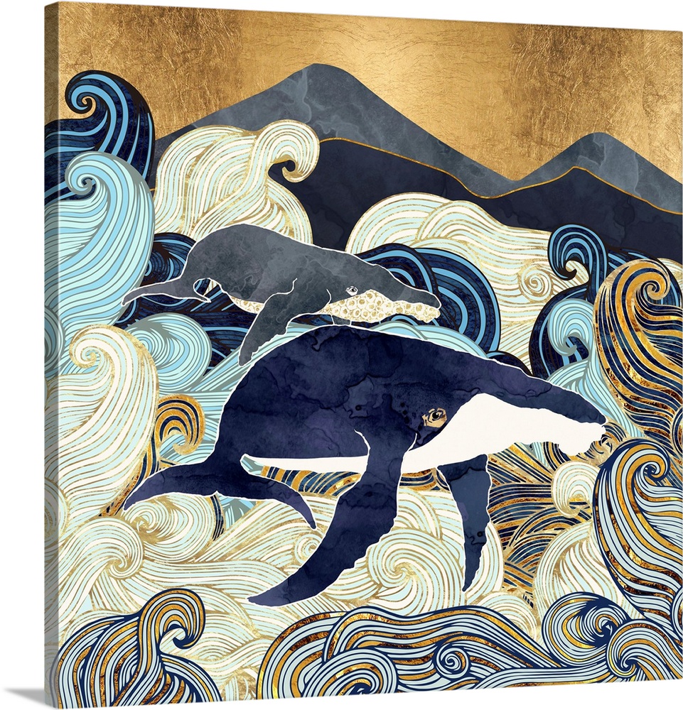 Abstract depiction of whales, waves, mountains, gold, blue and white.