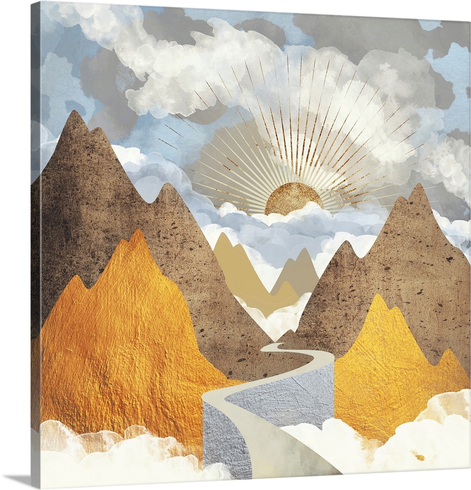 Abstract depiction of a valley vista landscape with mountains and gold.