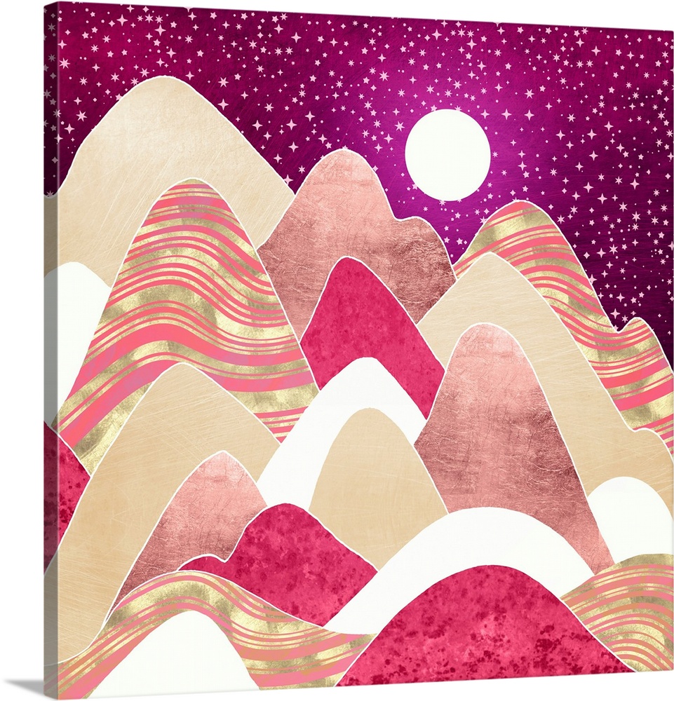 Abstract depiction of hills with pink, gold, magenta, stars and moon.