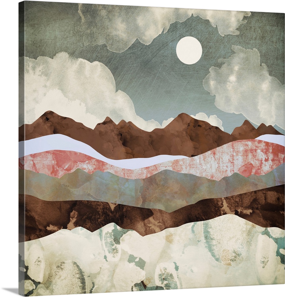 Abstract depiction of a landscape with mountains, clouds, brown and pink.