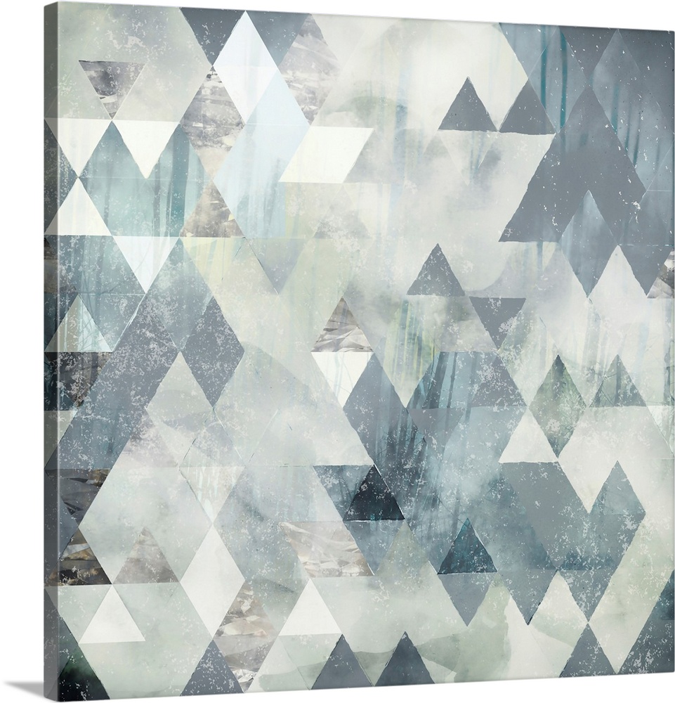 Abstract geometric design with triangles, grey, ivory and blue.