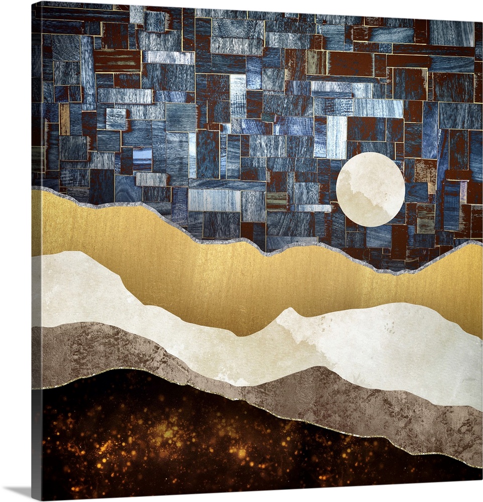 Abstract depiction of a landscape with a geometric sky, blue and copper.