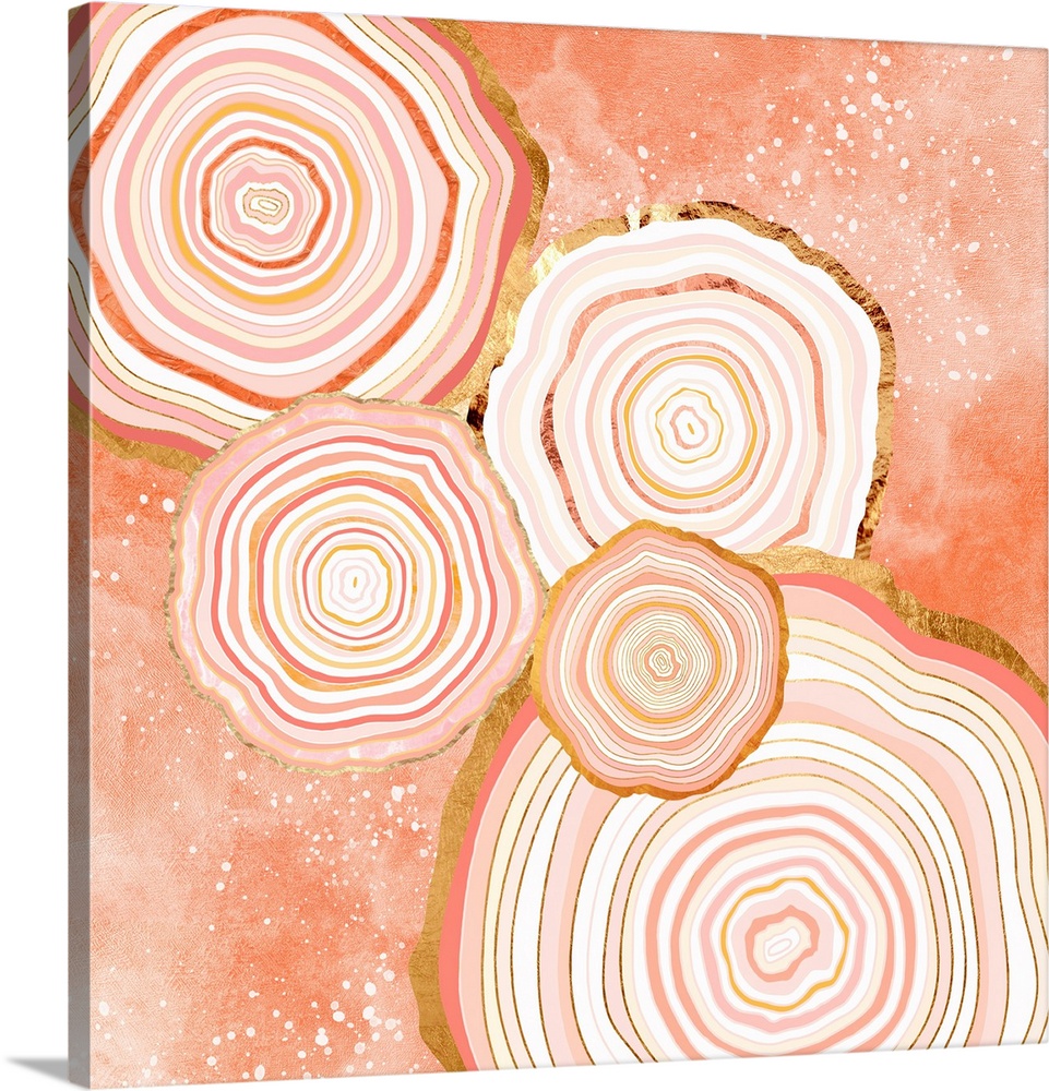 Abstract depiction of agate slices with coral, gold, pink and white.