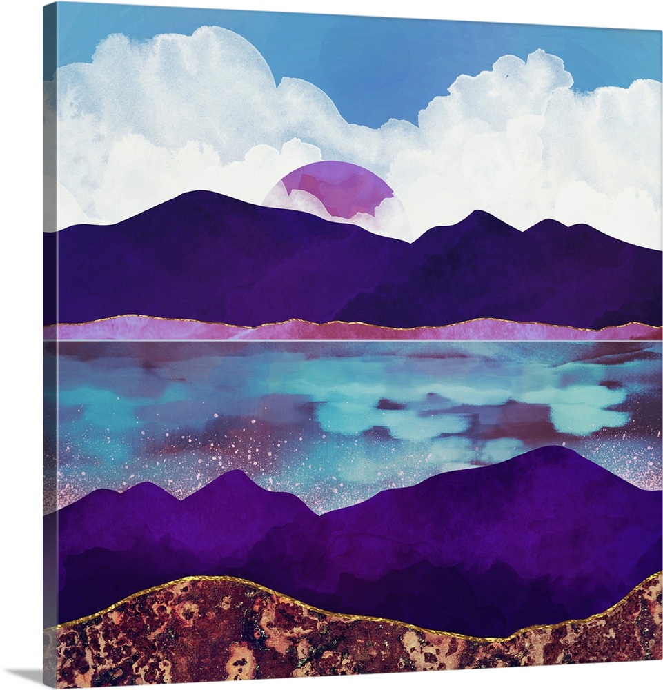 Abstract depiction of a landscape with mountains, sea, purple, blue and clouds.