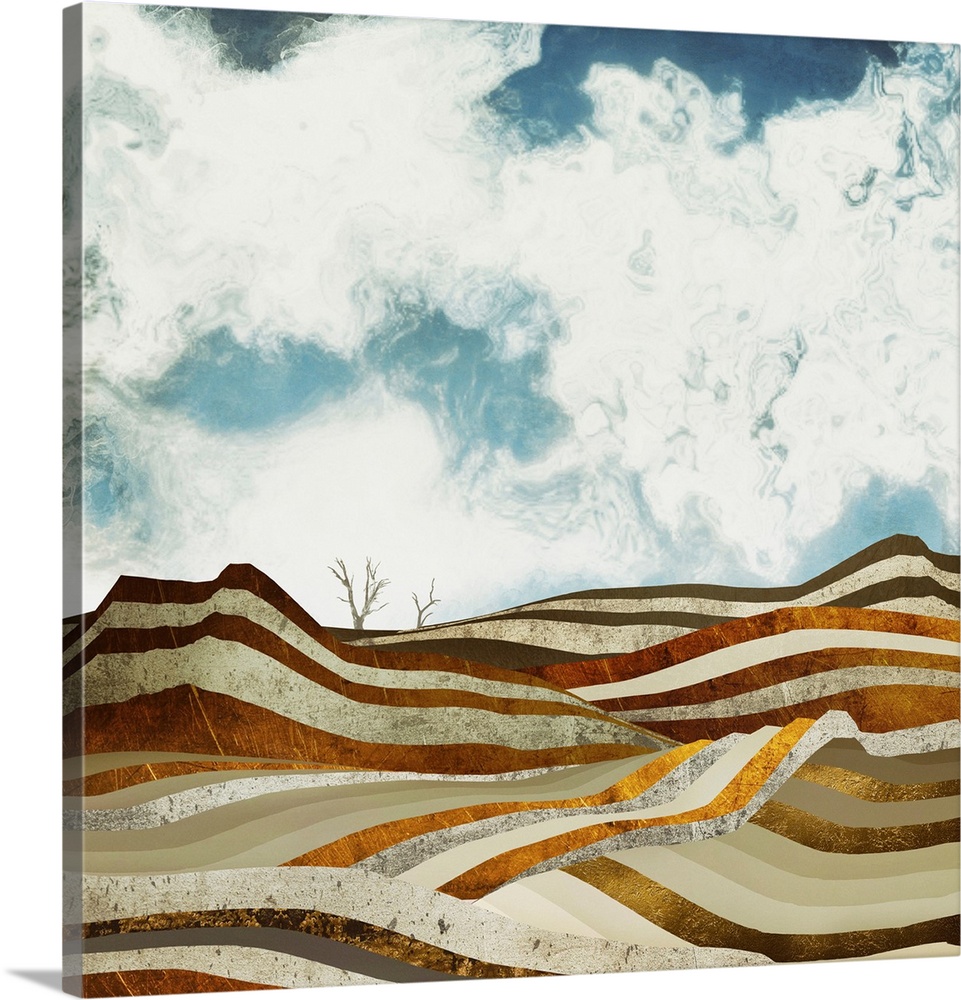 Abstract depiction of a desert scene with bronze, gold, textures and blue sky.
