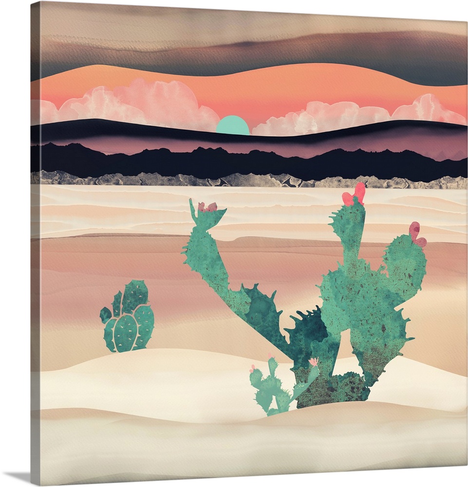 Abstract depiction of a desert dawn with cactus, dunes, mountains and pink.