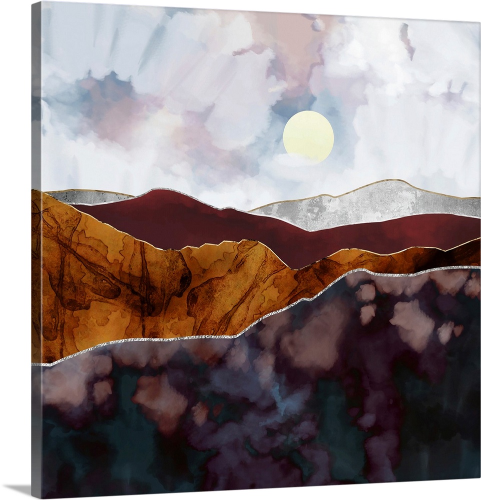 Abstract depiction of landscape with light off in the distance and mountains.